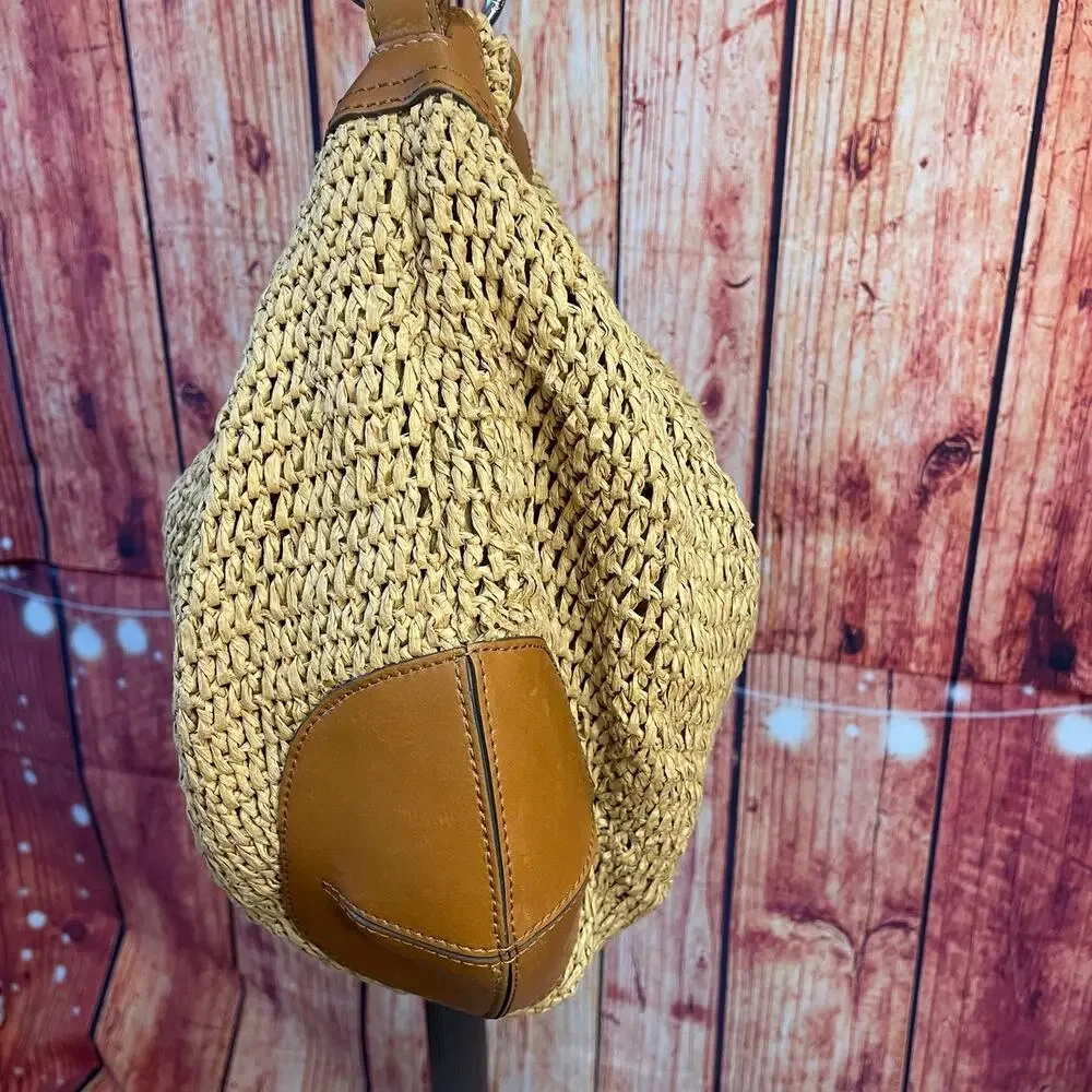Lauren Ralph Lauren Straw Hobo Shoulder Bag Tan Brown Leather Trim Slouchy Purse